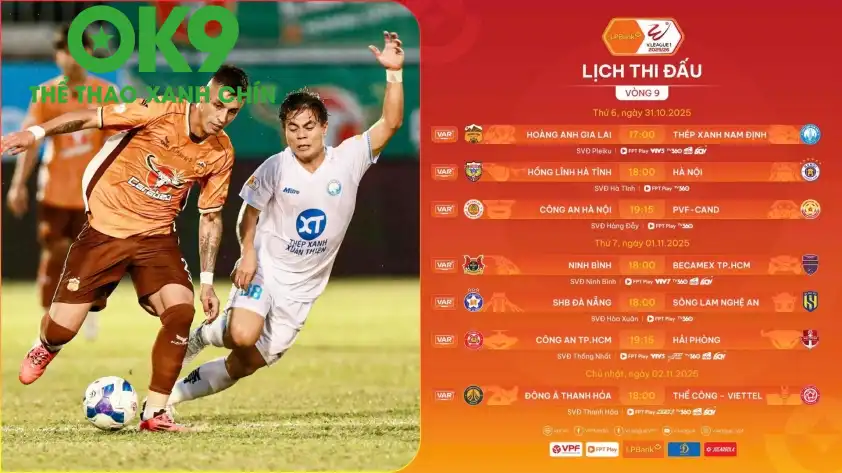 Lịch thi đấu vòng 9 V-League 2025/2026 Lịch thi đấu vòng 9 V-League 2025/2026